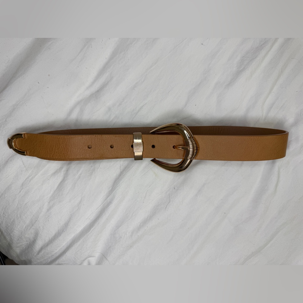 Tan Leather Belt with Gold Crescent Buckle